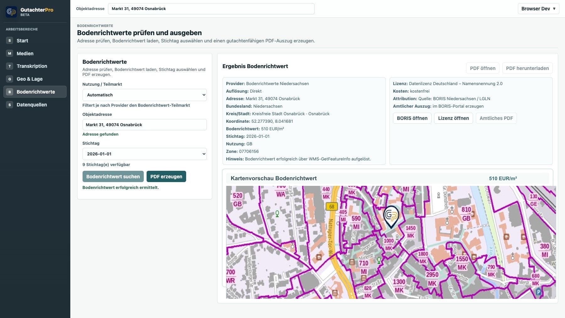 Aktuelles Bodenrichtwert-Ergebnis in GutachterPro