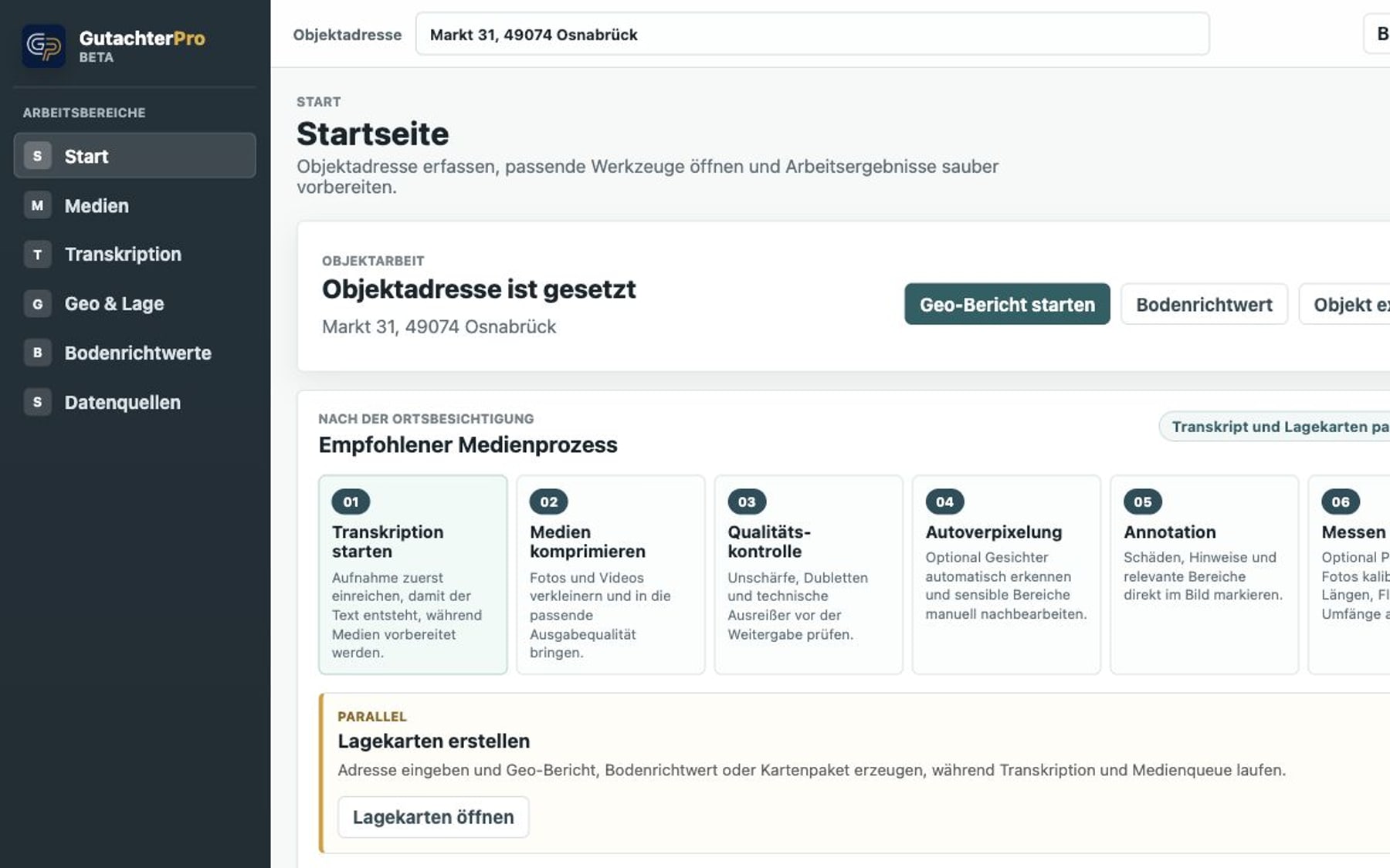 Aktueller GutachterPro Startbildschirm mit Objektadresse
