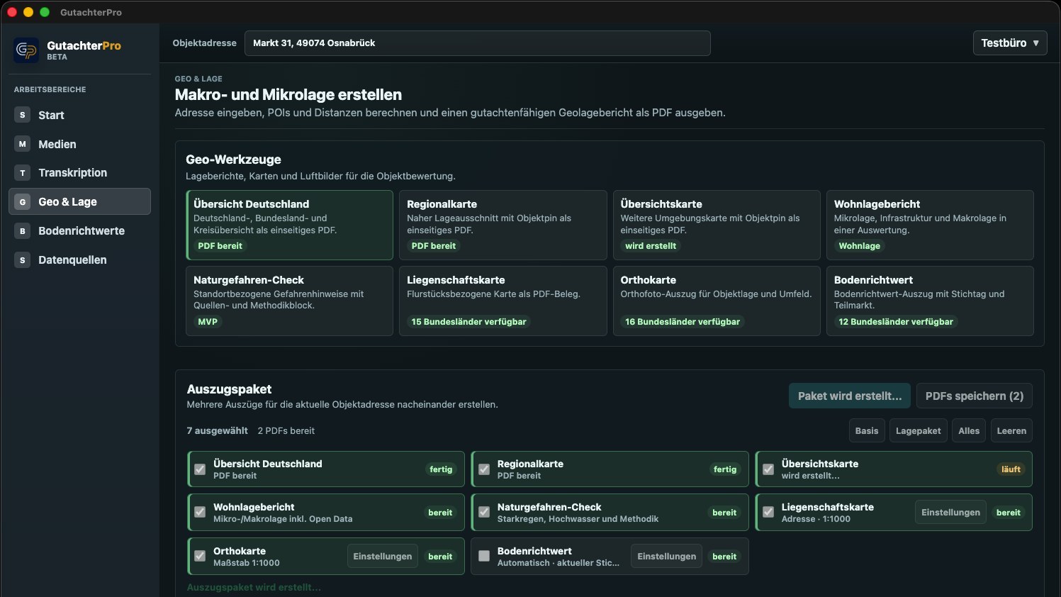 Aktueller Geo- und Lage-Arbeitsbereich in GutachterPro
