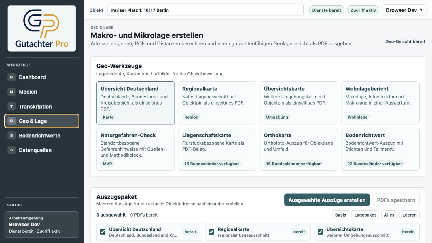 Geo-Arbeitsbereich mit erzeugtem Auszugspaket