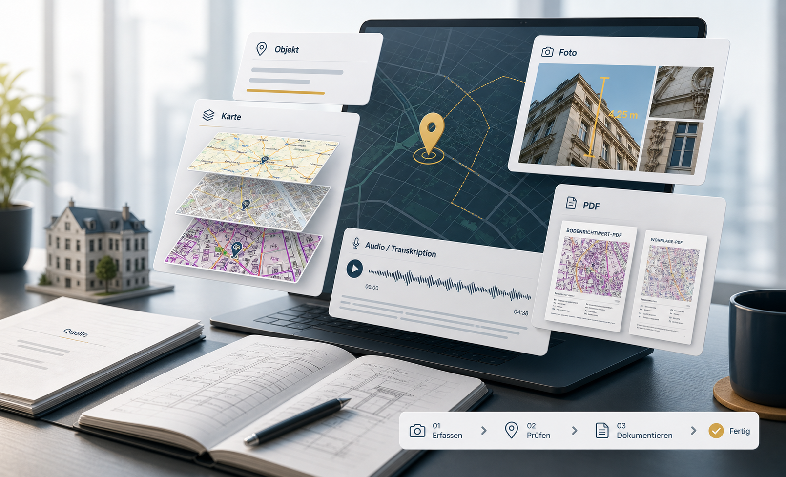 Visualisierung eines GutachterPro-Workflows mit Karte, Objektfotos, Audio-Transkription und PDF-Belegen